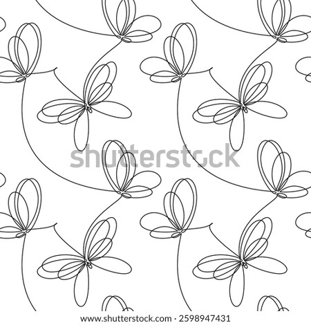 Hand drawn butterfly seamless pattern vector. Abstract backdrop illustration. Line continuous drawing. Insects wallpaper, cartoon black and white background, fabric, textile print.