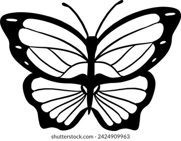 Hand drawn butterfly silhouette illustration. Black and white vector butterfly design on isolated background.