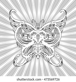 Hand drawn butterfly  for t-shirt design or tattoo and background for your design, coloring book for kids and adults. Vector isolated on white background.
