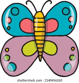 Hand drawn butterfly. Vector illustrations in doodle style. Colorful cartoon clipart isolated on white background. Simple elements for design, print, decor, postcard, stickers.