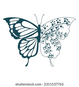 Hand drawn butterfly with wild flowers, vector illustration.