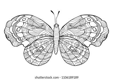 Hand drawn butterfly  in zentangle inspired style isolated on white background. Coloring book for adult and older children. Art vector stylized illustration. 