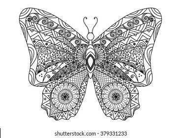 Hand drawn butterfly zentangle style for coloring book for adults