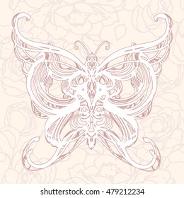 Hand drawn butterfly zentangle style for t-shirt design or tattoo and background for your design. Coloring book for kids and adults. Vector isolated on white background.