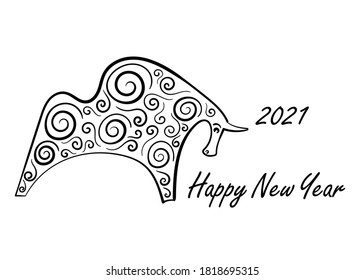 Hand Drawn by a bull, the inscription Happy new year. Line art, vector illustration