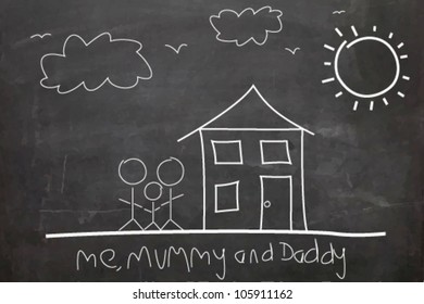 Hand Drawn by Child illustration of family holding hands with house, sun and cloud on a blackboard. Vector background eps 10