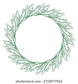Mão desenhada por ramos de pinheiro de giz de cera dispostos em um quadro circular. Elemento de design de decoração de borda redonda, modelo de convite, coroa de Natal minimalista em fundo transparente. Ilustração vetorial
