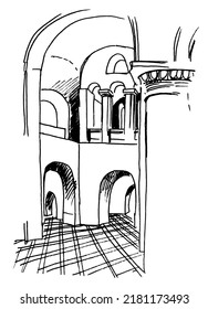 Hand drawn by felt tip pen interior sketch drawing of ancient orthodox church in Chernihiv. Vector traced black and white illustration