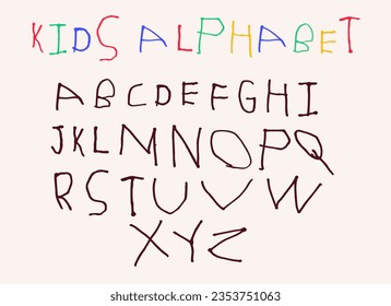 Mano dibujada por pequeñas letras de niño inglés ABC. Alfabeto infantil primitivo de caricatura en estilo doodle simple. Diseño de tipografía monocromática en caracteres latinos. Diferentes letras mayúsculas. Feo, descuidado, desigual 