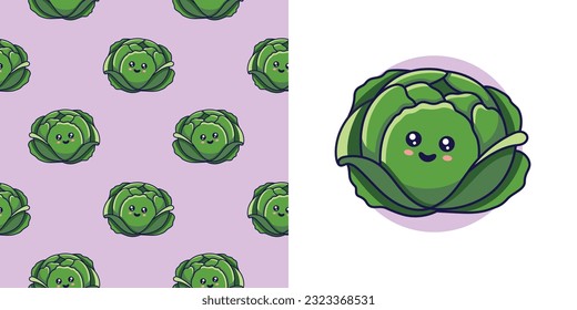 Mano dibujó a Cabbage en forma de doodle para diseñar ropa de bebé. Postcard con repollo y patrón sin fisuras. Viñeta de Bohemia. Los niños diseñan textura para pijamas. Ilustración vectorial.