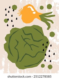 Repollo Dibujado A Mano Y Cebolla Verduras Grunge Póster Ilustración vectorial