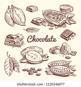 Hand drawn cacao, leaves, cocoa seeds, sweet dessert and chocolate bar. Cocoa sketch vector collection. Drawing chocolate sweet, sketch brown bean ingredient illustration