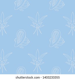 Hand drawn cacao line pattern. Natural vector background: cacao beans, flowers.