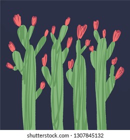 Hand drawn cacti art. Unique stylish modern painting, abstract stylish poster, room decor. Vector Illustration, clipart