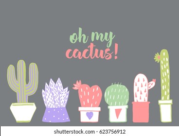 Hand drawn cacti background. Colorful and original elements on dark background.