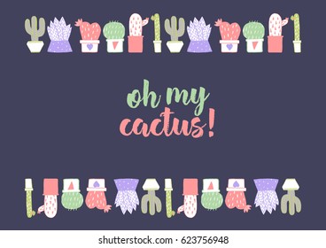Hand drawn cacti background. Colorful and original elements on dark background
