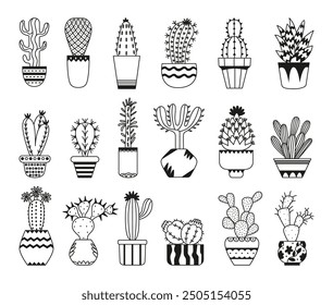 Hand drawn cacti. Doodle cactus in different decorative pots. House garden elements, succulents, desert plants. Isolated linear neoteric vector set