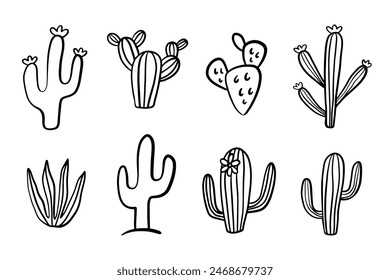 Hand drawn cacti doodles set. Cute cactus sketch collection isolated on white. Vector illustration, minimal vintage style