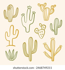 Hand drawn cacti doodles set. Cute cactus sketch collection. Vector illustration, minimal vintage style
