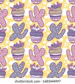 Hand drawn Cacti and muffins on yellow background, seamless pattern