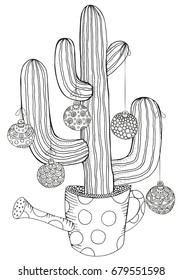 Hand drawn cacti in pot with christmas balls.  Doodles elements. Black and white. Coloring book page for adult. Winter, succulent, doodles, vector, art design elements. Linear botanical vector.