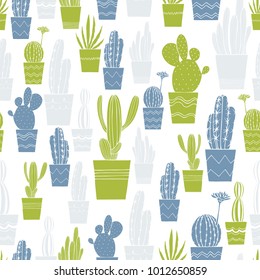 Hand drawn cacti in pots.  Vector seamless pattern