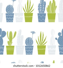 Hand drawn cacti in pots.  Vector seamless pattern