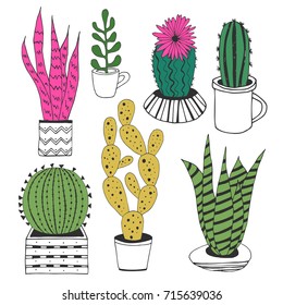 Hand drawn cacti in pots. Vector. Isolated.