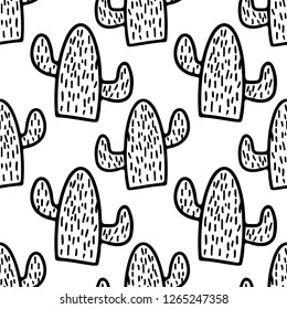 Hand drawn cacti seamless pattern in black and white colors