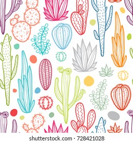 Hand drawn cacti seamless pattern. Succulent color background.