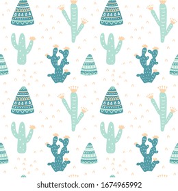 Hand drawn cacti seamless repeat pattern. Bold fabric design, textile print, gift wrapping paper, wall art, home decor. Vector illustration. Modern decoration elements, scandinavian style