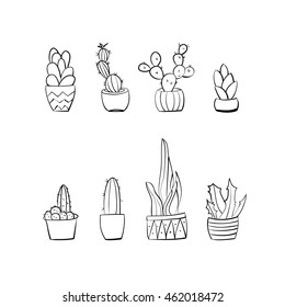 Hand drawn cactus black and white minimal set