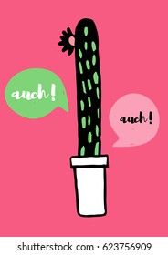 Hand drawn cactus card design.  Black and white drawing on pink background.
