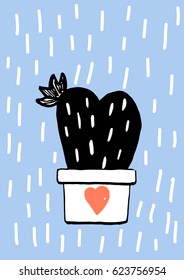Hand drawn cactus card design. Black and white drawing on blue background with rain stripes