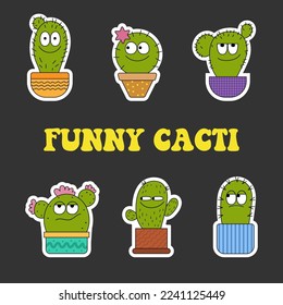 Juego de caracteres de cactus dibujados a mano, pegatinas de cactus divertidas con diferentes emociones vectoriales Ilustraciones en estilo retro