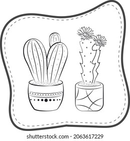 Hand drawn Cactus collection. Sketchy style illustration. kawaii cactus in a pot.  Doodles elements. Coloring book page for adult.