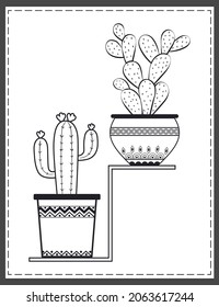 Hand drawn Cactus collection. Sketchy style illustration. kawaii cactus in a pot.  Doodles elements. Coloring book page for adult.