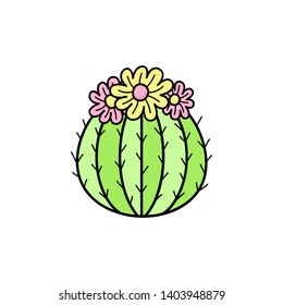 Hand drawn cactus. Cute outlined vector illustration of cactus plant with flowers. Isolated.