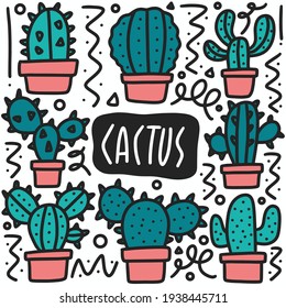 hand drawn cactus doodle set with icons and design elements