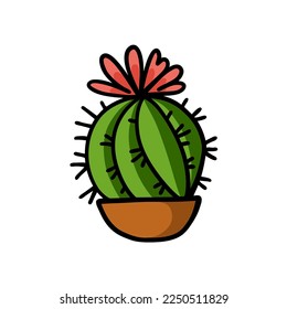 Hand drawn cactus with flower in the pot isolated on white background.