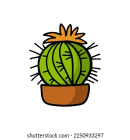 Hand drawn cactus with flower in the pot isolated on white background.