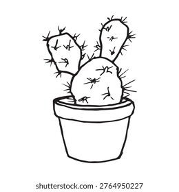 Hand drawn cactus in flower pot, doodle sketch of prickly pear succulent. Black outline vector illustration isolated on white.