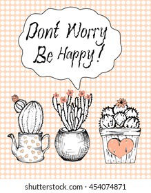  Hand drawn cactus with flower  in teapot and pot , bubble texture background, black, white, and pastel pink. Cacti, Cute  greeting card template