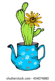 Hand drawn cactus with flower in teapot, isolated