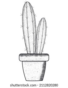 Hand drawn cactus in flowerpots. Cactus sketches outline vector hand drawn illustration. Sketch for logo, tattoo, t-shirt print. Life is better with a cactus.
