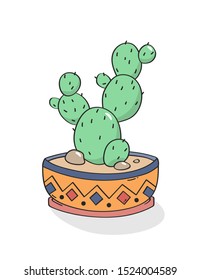 Hand drawn cactus in garden pottery. Vector.