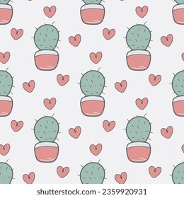 Hand drawn cactus and heart seamless pattern. Cute background with cacti doodle sketch style. Funny indoor plant print for textile, wallpaper, packaging and design, vector illustration