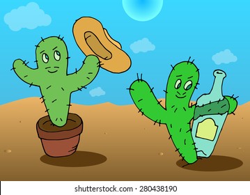 Hand Drawn cactus with heat and bottle tequila. Vector illustration.