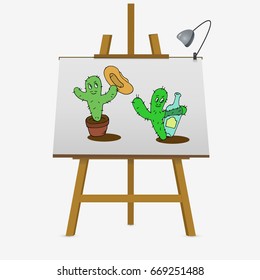 Hand Drawn cactus with heat and bottle tequila. Vector illustration on easel