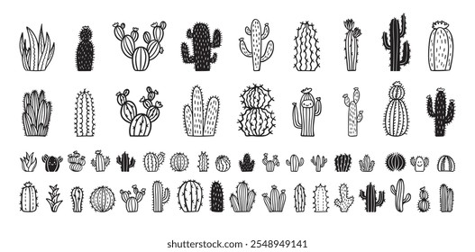 Ícones de cactos desenhados à mão. conjunto de rabiscos de cactos. Coleção de cactos de esboço bonito. Ilustração vetorial